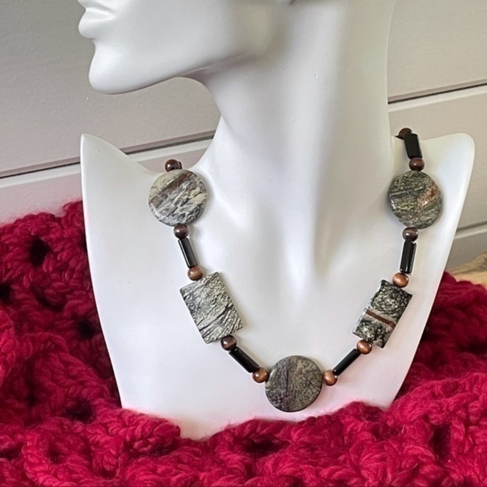 $49 SALE Handmade Chunky Black Agate Marbled Jasper Wood Bead Necklace Western